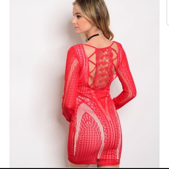 Red Embroidered Dress with Inner Cream Layer - Picture 2 of 8